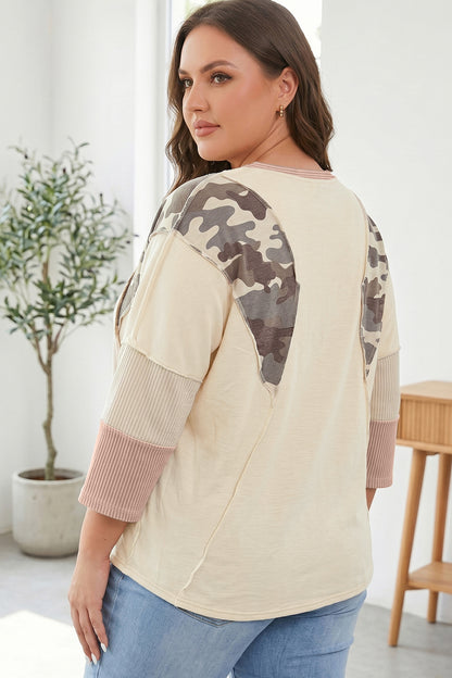 Apricot Camouflage Panel Twist Rib Sleeve Round Neck Loose Fit Plus Size Blouse