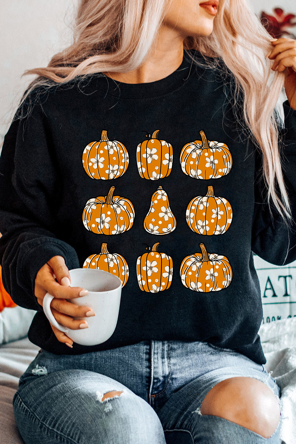 Black Floral Pumpkin Graphic Round Neck Halloween Sweatshirt