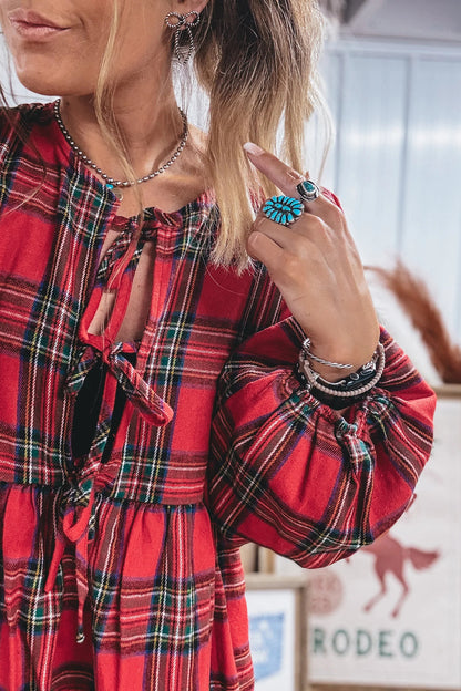 Red Plaid Tie Front Long Sleeve Short Shift Dress