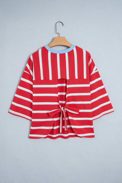 Racing Red Striped Bow Tie Hollowed Back 7/8 Sleeve Casual T-Shirt