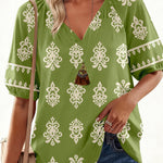 Green Boho Chic Notched V Neck Plus Floral Short Sleeve Top