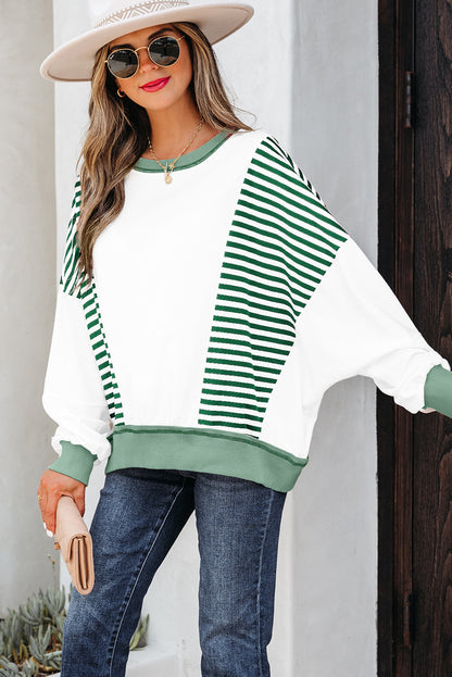 Green Stripe Colorblock Patchwork Contrast Stitching Oversize Sweatshirt