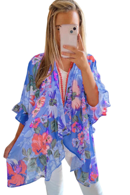 Kimono holgado con manga 3/4 y volantes con estampado floral 