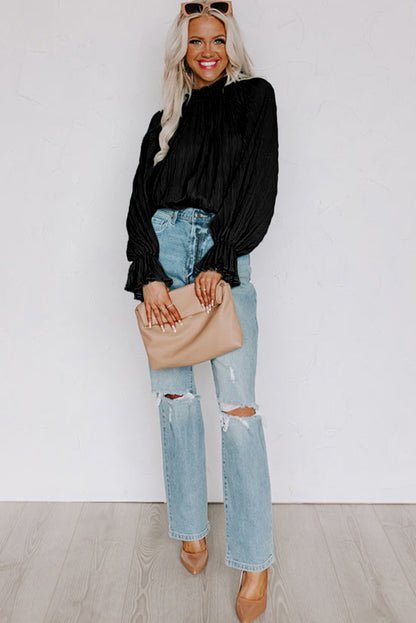 Blusa de manga larga con puños acampanados plisados ​​llamativos verde 