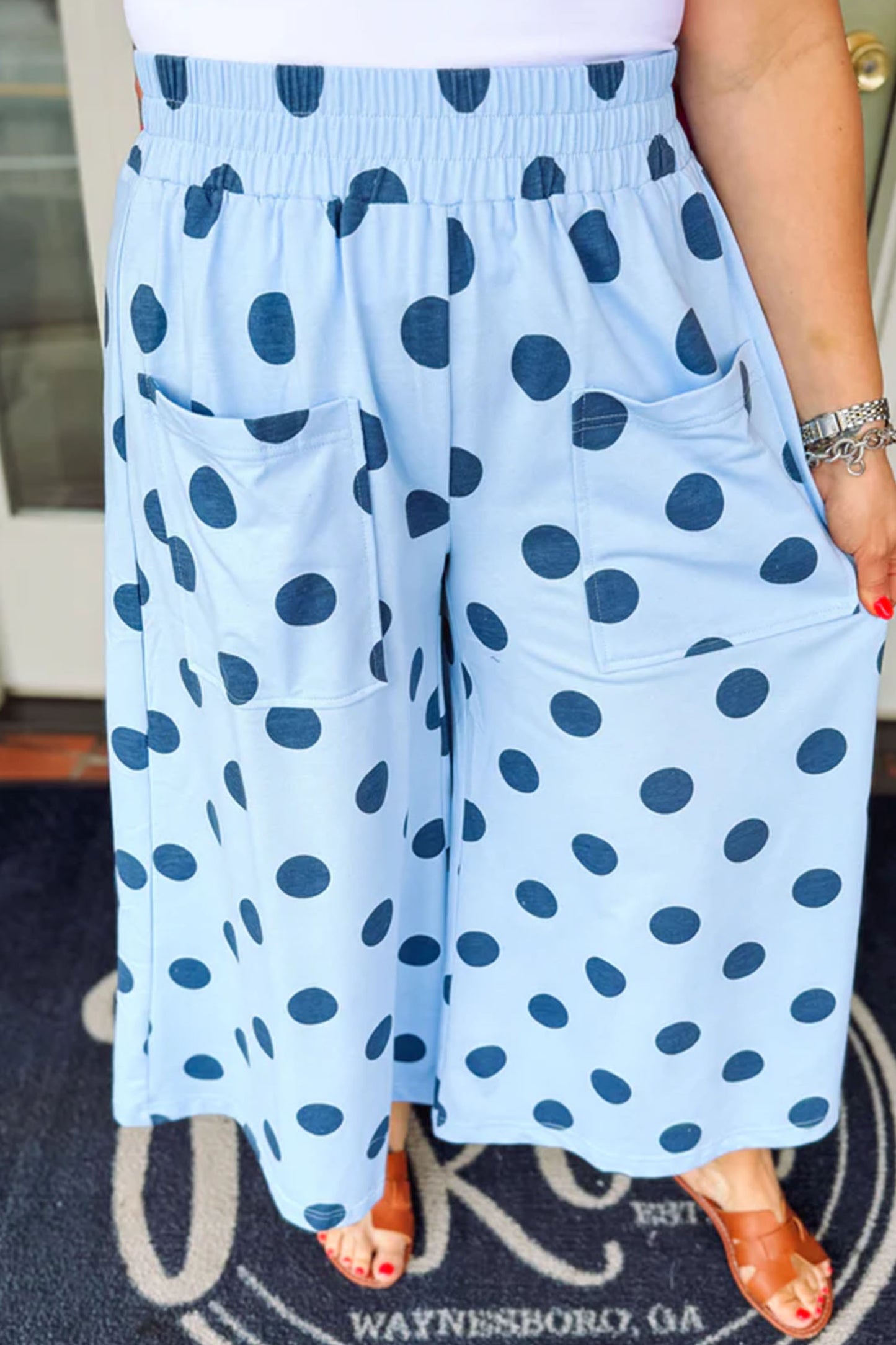 Sky Blue Polka Dot Elastic Waist Wide Leg Plus Size Pants