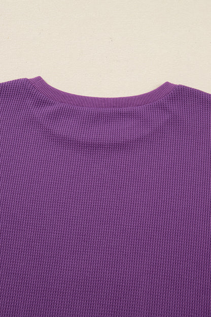 Orchid Mist Solid Color Raw Seam Patchwork Ribbed Drop Shoulder Sweatshirt