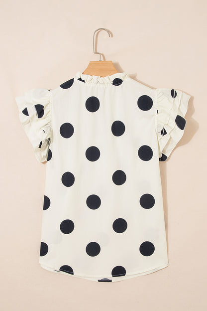 Apricot Casual Polka Dot V-Neck Ruffle Short Sleeve Shift Blouse