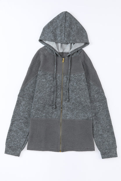 Khaki Waffle Patchwork Vintage Washed Hooded Jacket