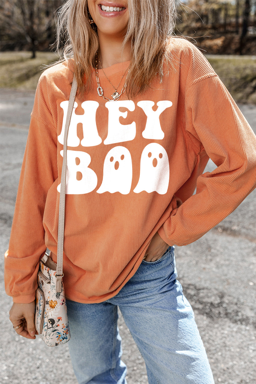 Sweat-shirt ample orange imprimé fantôme Hey Boo Halloween