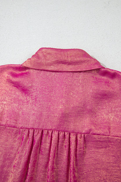 Chemise décontractée boutonnée à manches courtes et à reflets métallisés rouge rose