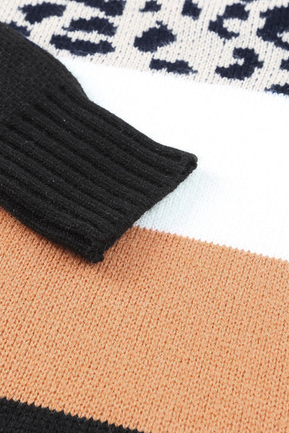 Pull à manches longues kaki à blocs de couleurs léopard