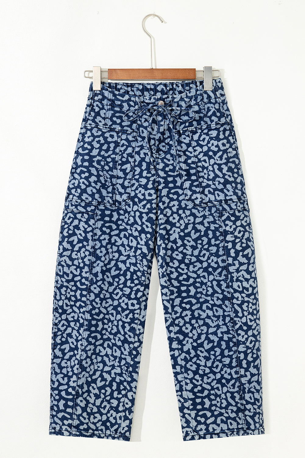 Khaki Leopard Printed Drawstring Elastic Waistband Pocketed Barrel Jeans