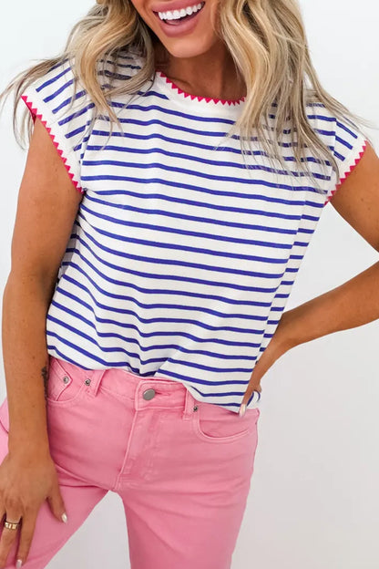 Blue Stripe Contrast Trim Round Neck Cap Sleeve Tee