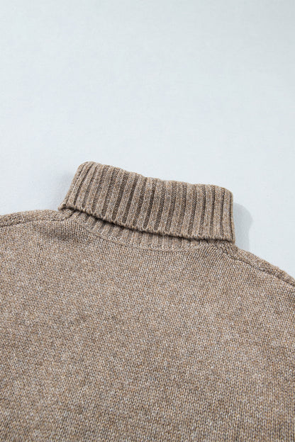 Dark Khaki High Neck Drop Shoulder Cable Knit Regular Length Sweater