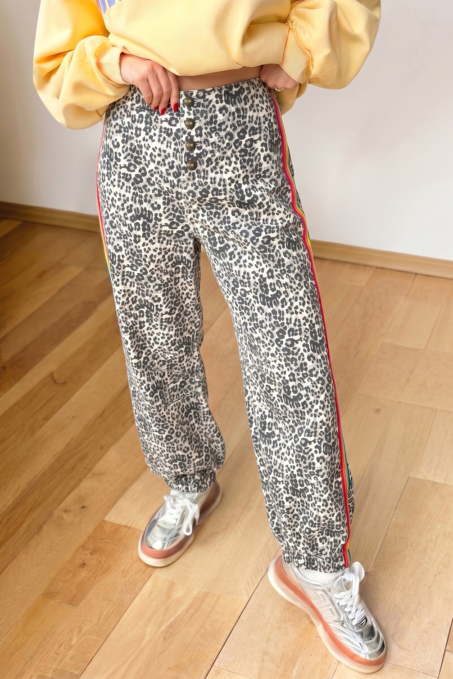 Brown Leopard Print Rainbow Striped Detail Buttoned Loose Jogger Jeans