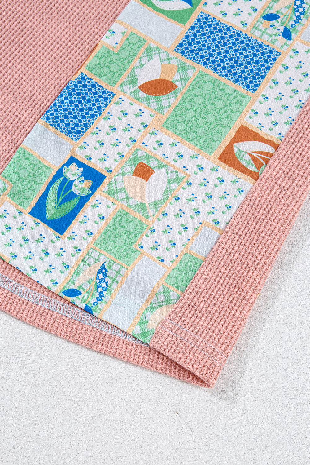 Rose Pink Floral Patchwork Waffle Color Block Pullover Top