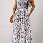 Purple Floral Print Smocked High Waist Square Neck Jumpsuit