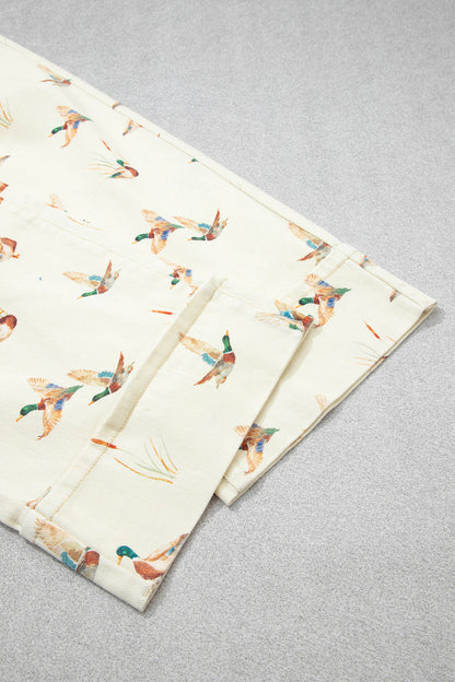 Beige Stylish Mallard Printed Cuffed Hem Shift Jeans