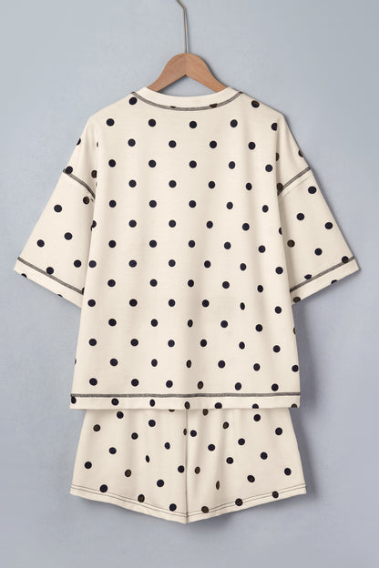 White Exposed Seam Detail Polka Dot Loose Tee Drawstring Shorts Set