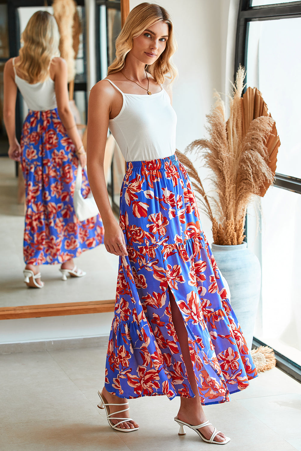 Blue Bohemian Floral Print Tiered Maxi Skirt with Split