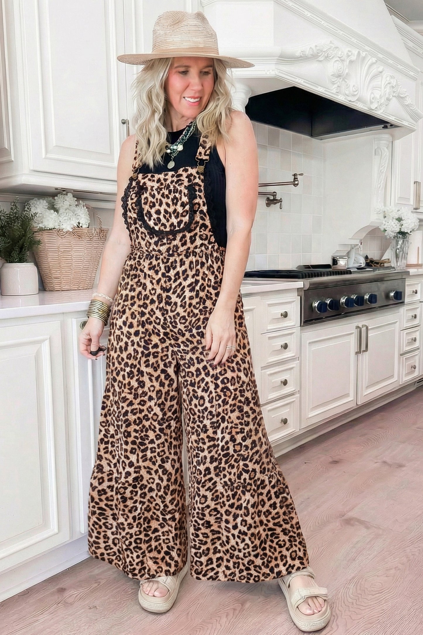 Khaki Cheetah Printed Contrast Lace Detail Ruffled Wide Leg Jumpsuit
