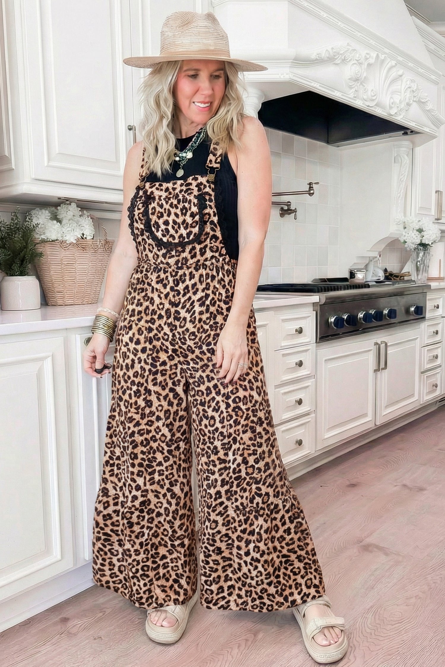 Khaki Cheetah Printed Contrast Lace Detail Ruffled Wide Leg Jumpsuit