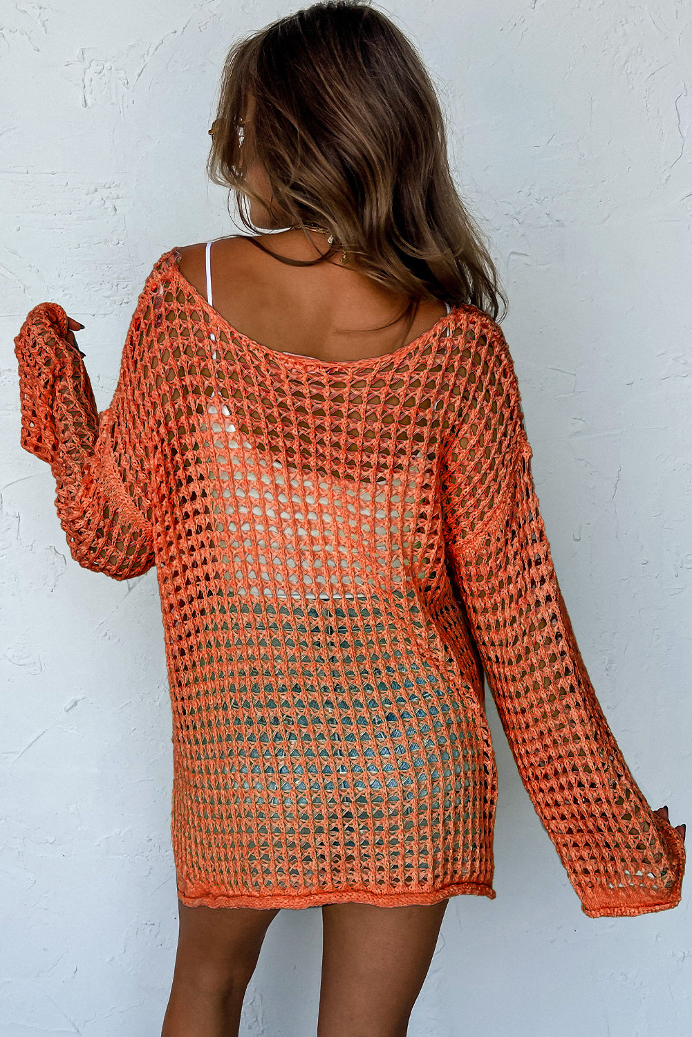 Pull tunique orange à manches cloches et crochet ouvert