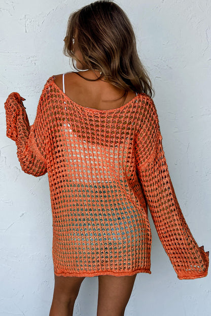 Pull tunique orange à manches cloches et crochet ouvert