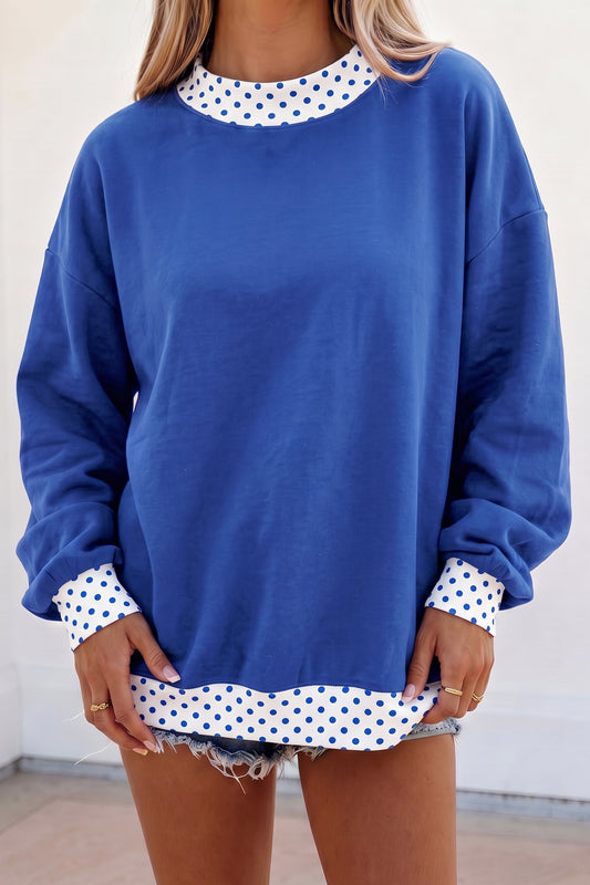 Dark Blue Colorblock Polka Dot Contrast Trim Oversized Sweatshirt