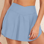 Beau Blue Solid Pocketed Crossover High Waist Swim Skort