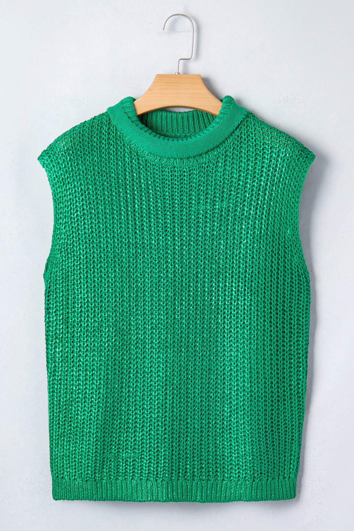 Bright Green Solid Color Knit High Neck Short Sleeve Sweater