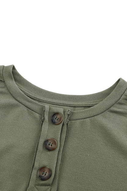 Top botones con cuello dividido patchwork retro manga larga verde