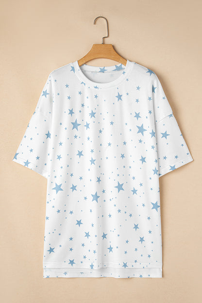Sky Blue Stars Print Drop Shoulder Oversized T Shirt with Slits