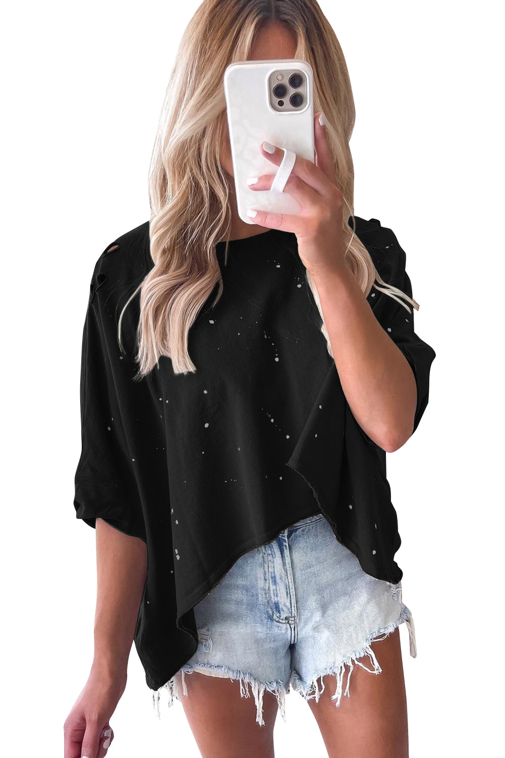 Haut à manches courtes et ourlet asymétrique délavé et vieilli