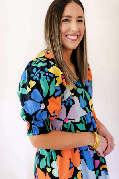 Robe évasée fleurie à col fendu bleu