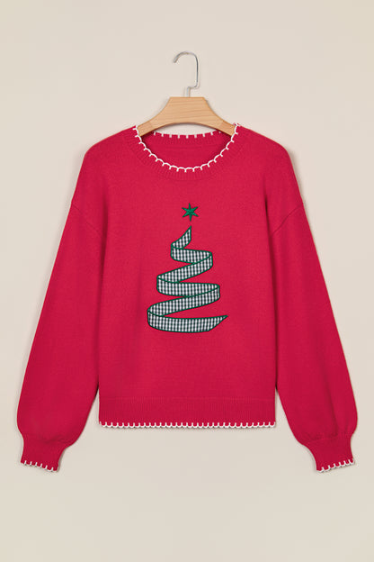 Racing Red Stitched Detail Christmas Tree Holiday Casual Sweater