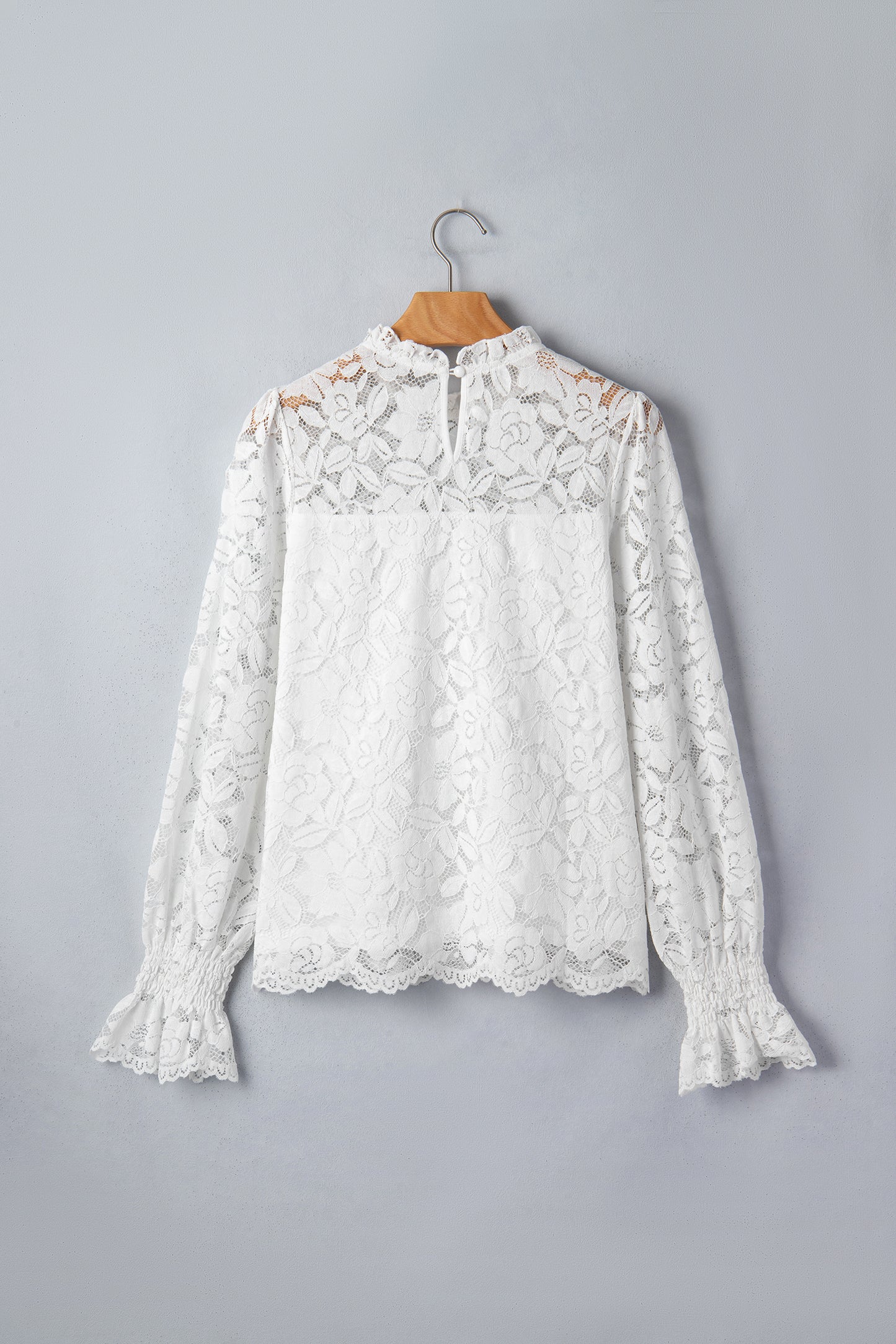 White Ruffled Round Neck Long Flounce Sleeve Sheer Lace Blouse