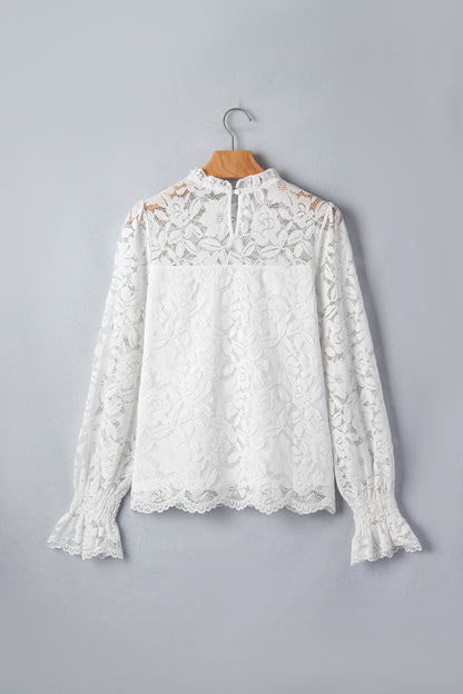 White Ruffled Round Neck Long Flounce Sleeve Sheer Lace Blouse