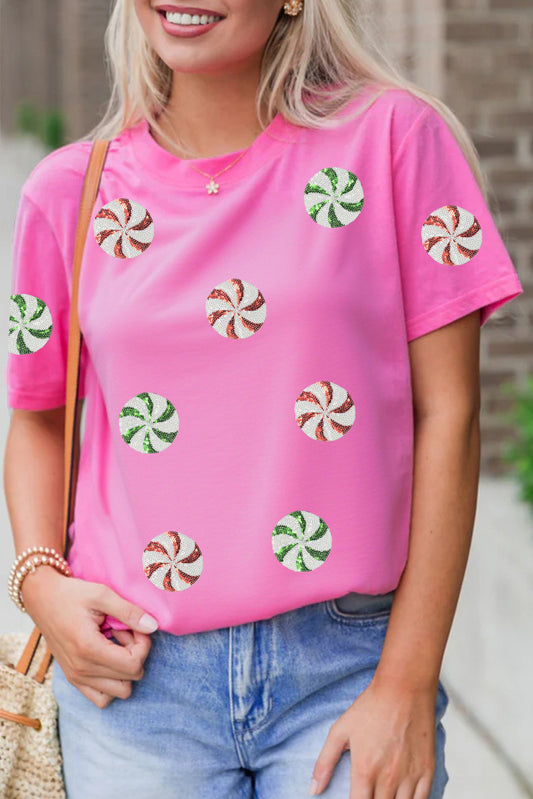Sachet Pink Sequined Peppermint Pattern Christmas Custom T Shirt