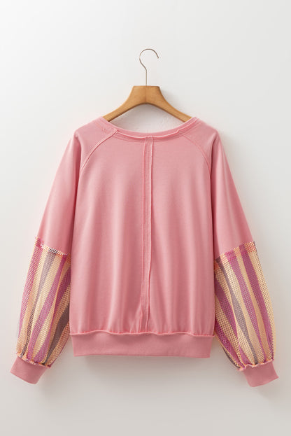 Blossom Striped Mesh Sleeve Patchwork Exposed Seam Casual Pullover Top