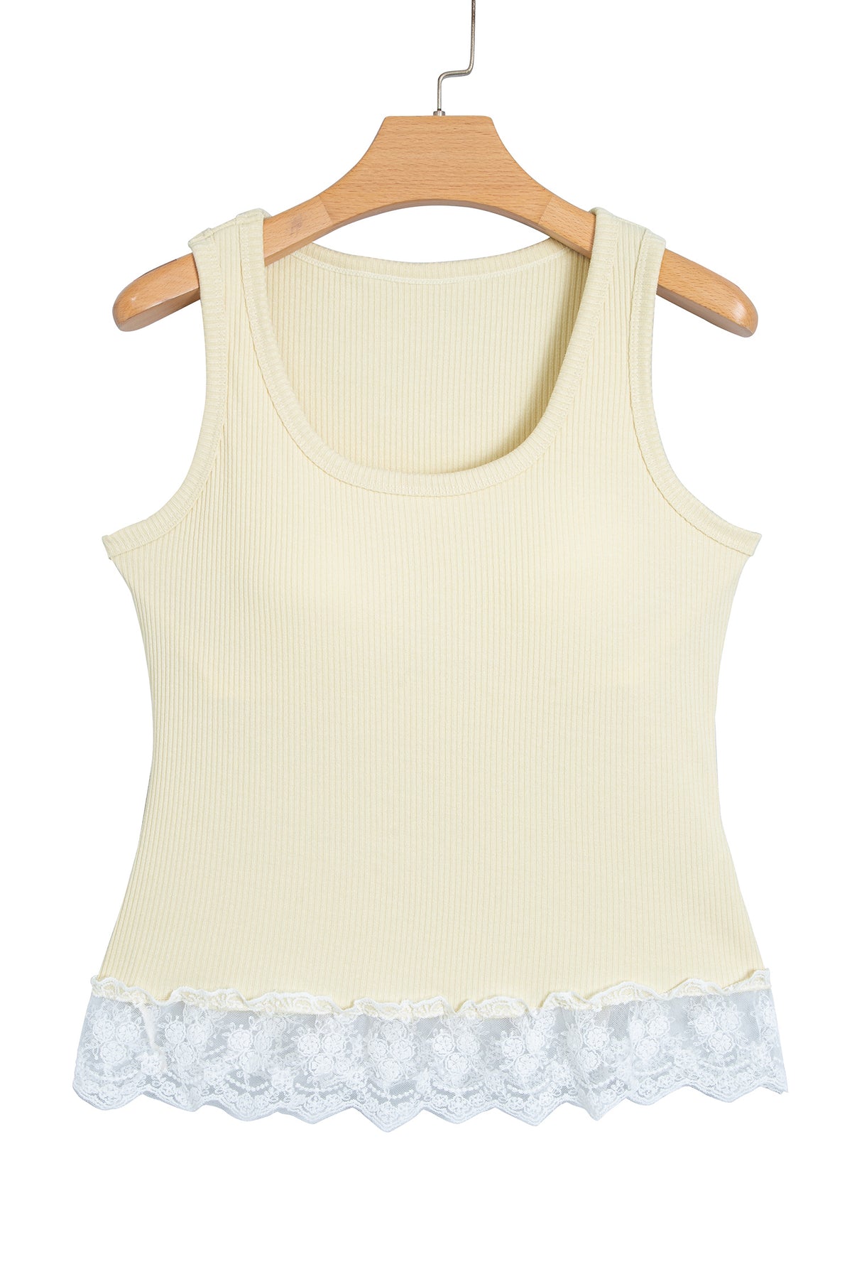 Beige Ribbed Knit Sweet Lace Hem Vest