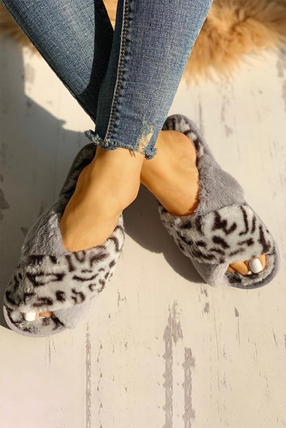 Brown Leopard Crossed Straps Furry Slippers