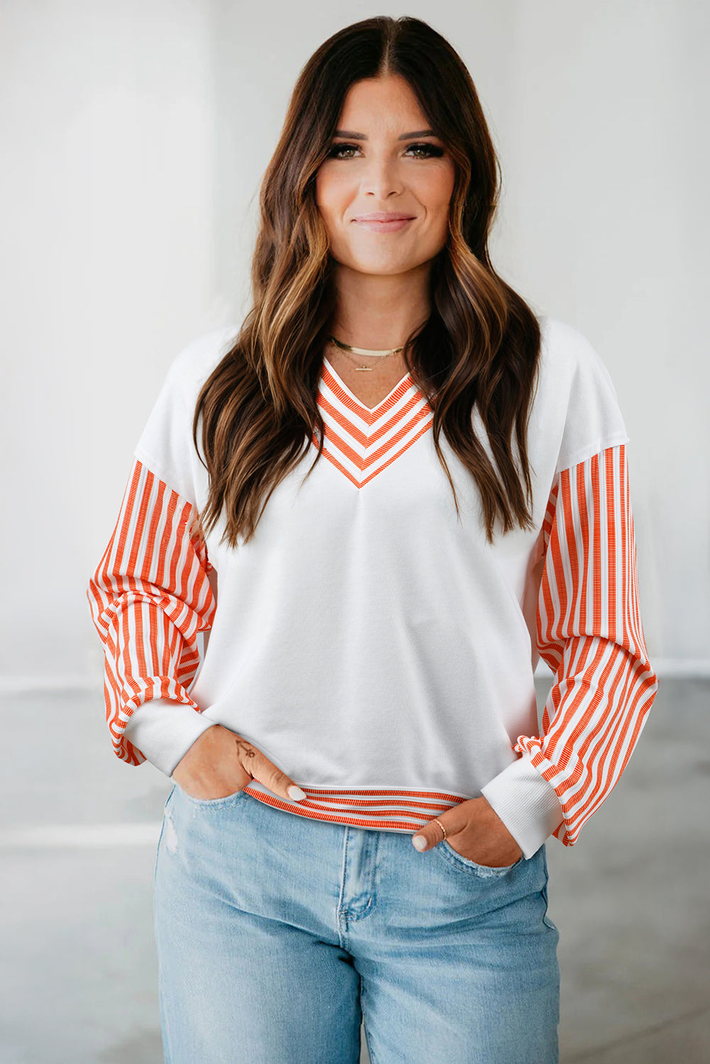 Orange Stripe  V Neck Drop Shoulder Patchwork Long Sleeve Top