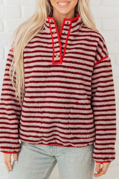 Red Striped Fuzzy Colorblock Button Placket Sweatshirt