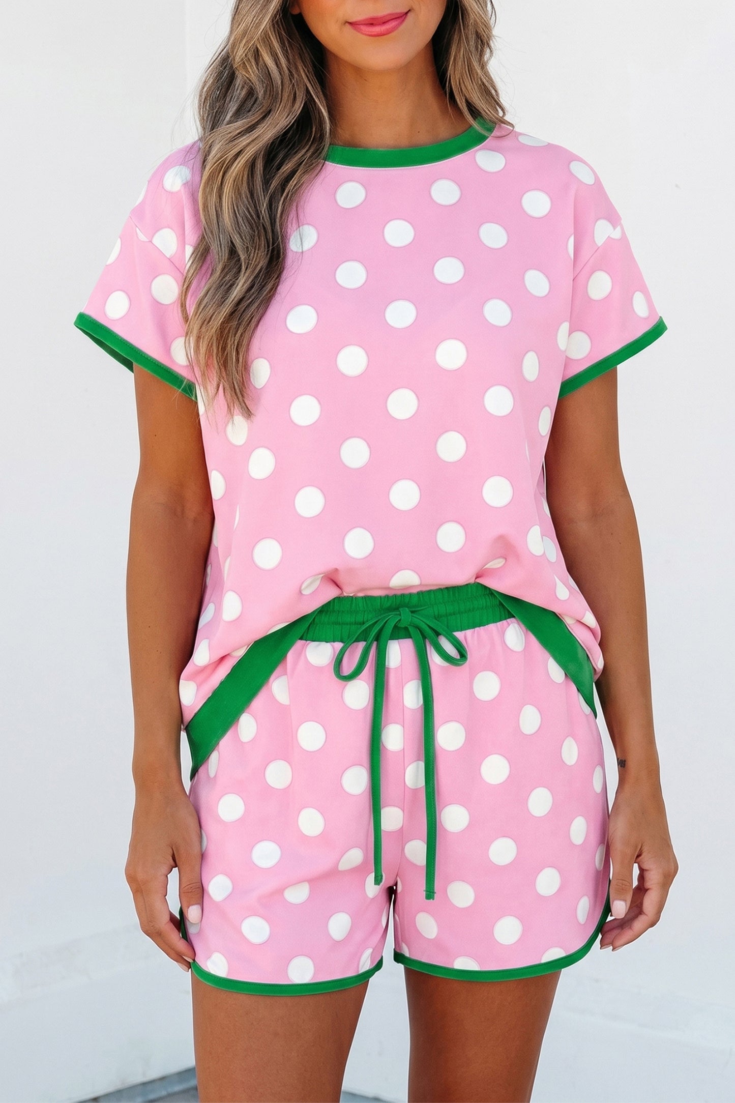 Sky Blue Polka Dot Contrast Edge Casual Short Set