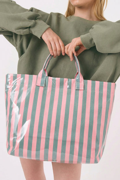 Blackish Green Glossy Striped Vinyl Large Tote Bag