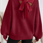 Red Dahlia Ribbed Knit Ribbon Knot Backless Drop Shoulder Sweater