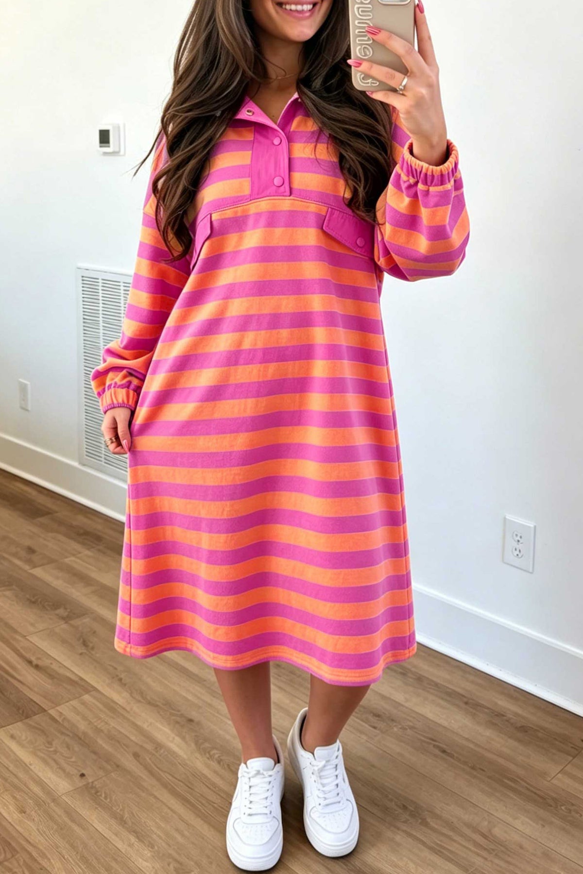 Rose Stripe Long Sleeve Polo Neck Midi Dress