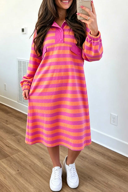 Rose Stripe Long Sleeve Polo Neck Midi Dress