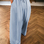 Sky Blue Stripe Chambray Wide Leg Tied Elastic Waist Trousers